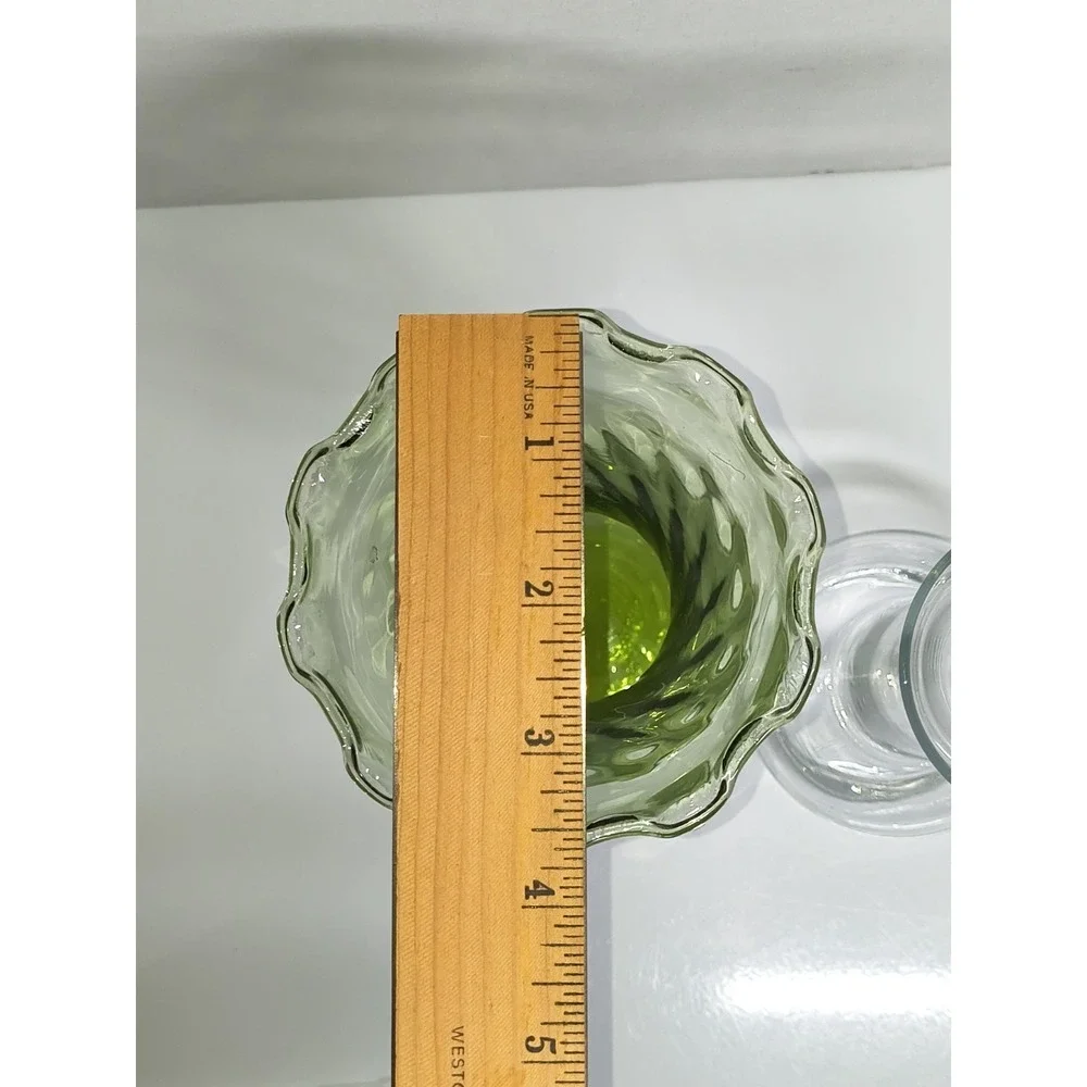 Blown Glass Flower Vase Set Green Ruffled Fluted Rim Optic Swirl & Clear Slender